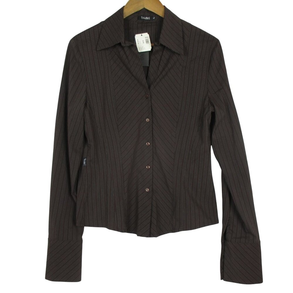 Toi & Moi Blouse Fitted Brown Button Down Pinstripe French Cuff Size L NWT $58